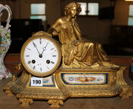 French bronze & marble mantel clock with female figure & floral panel